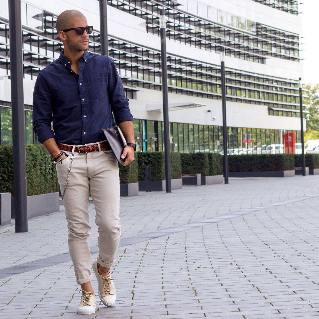 blue shirt beige chinos