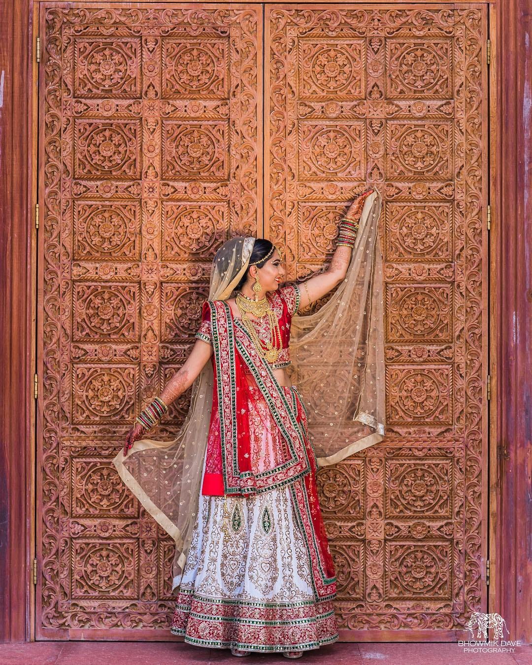 bridal lehenga in red and white combination