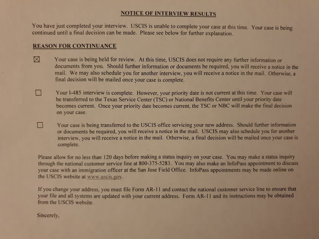 green card interview experience. status adjustment from k-1