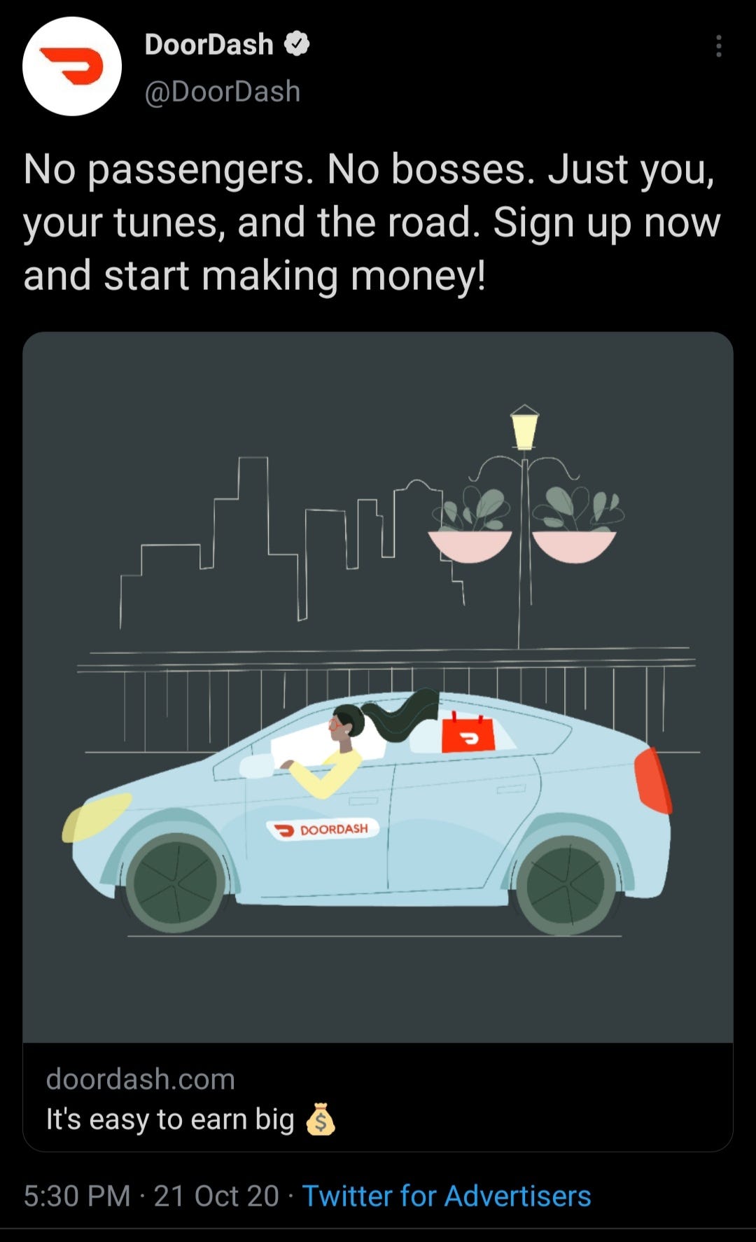 Screenshot of a twitter post by DoorDash. The picture shows a cartoon woman with dark skin and long hair driving her car against a city backdrop. The link promises that drivers can “earn big.”