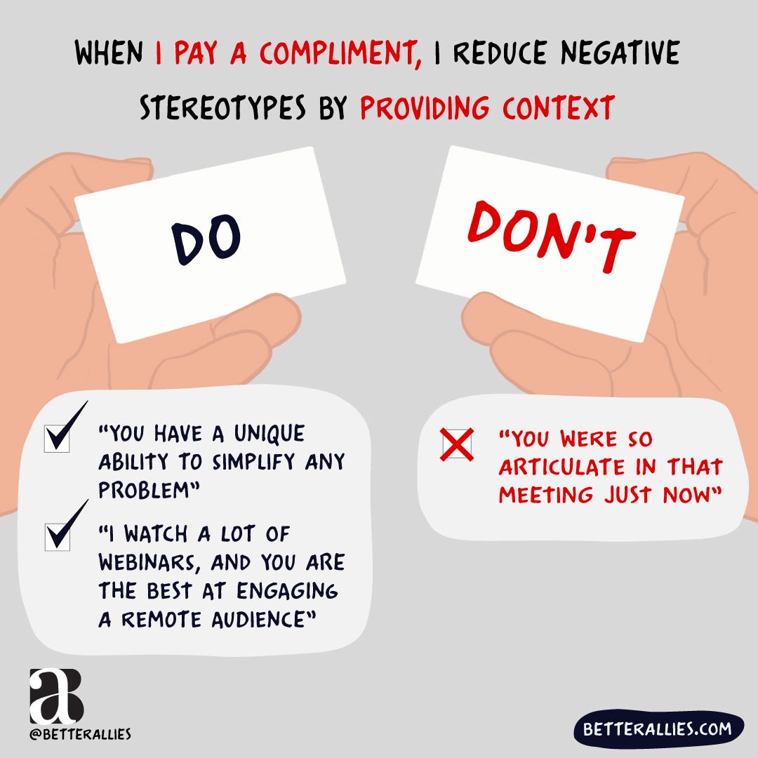 Illustration of 2 hands holding DO and DON’T cards, with suggestions of what to say and not say when complimenting.