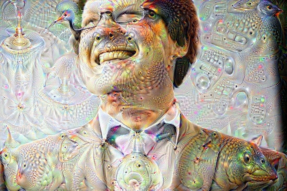 Benjamin wearing a light suit — the image has been obfuscated by the Deep Dreams algorithm so that images of animals emerge.