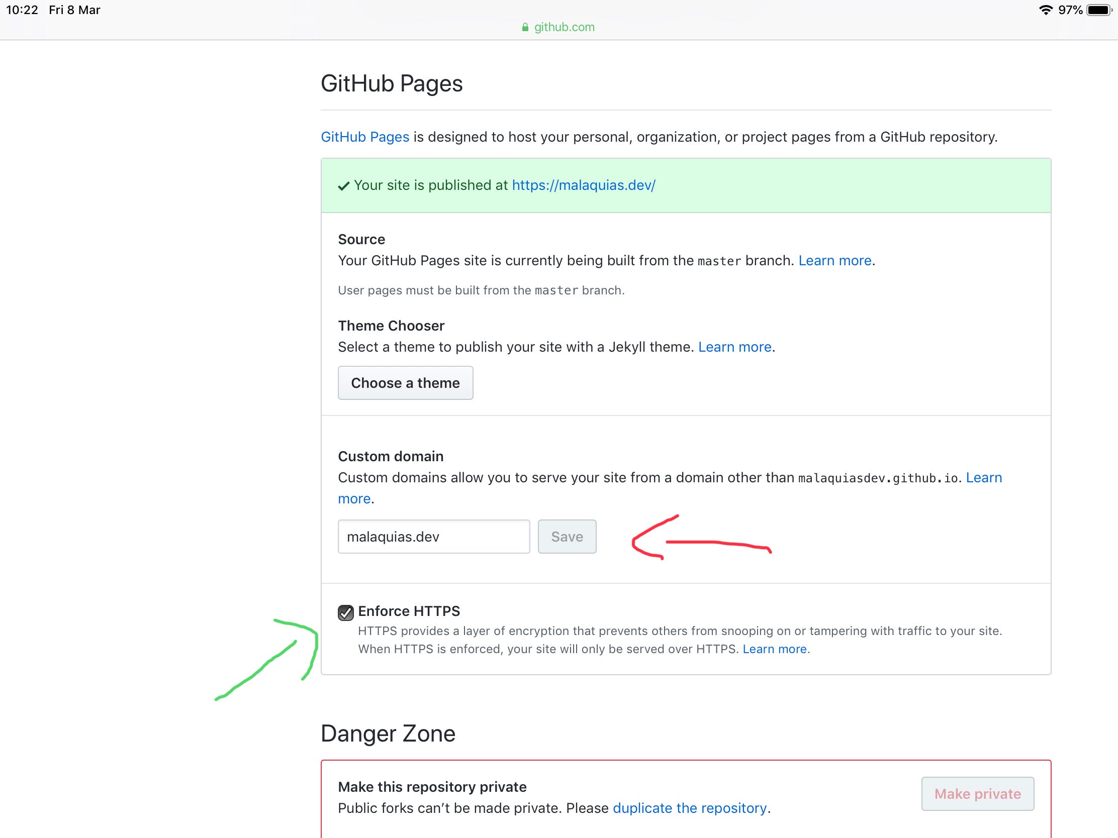 github settings pagina