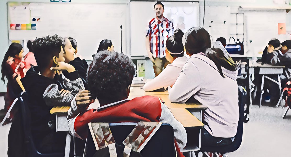 A stylized image of students in the foreground sitting in at a block of desks, looking at a teacher in the background.