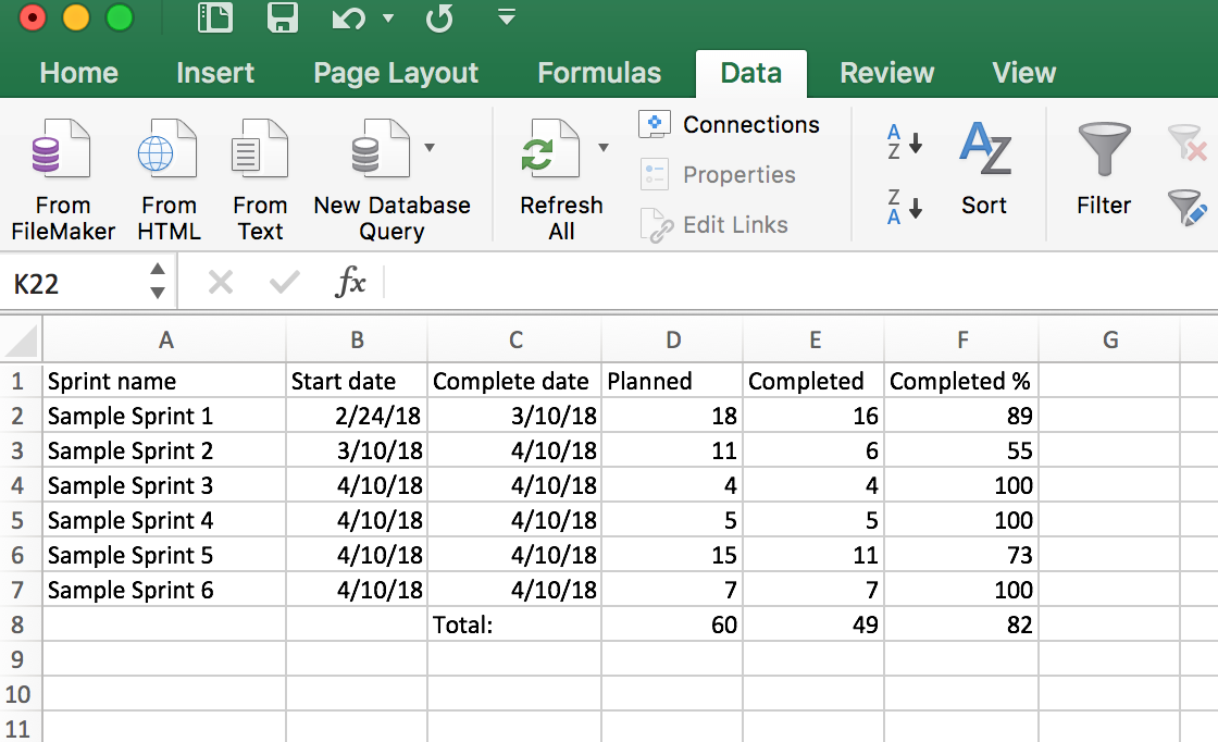 Velocity Chart Excel