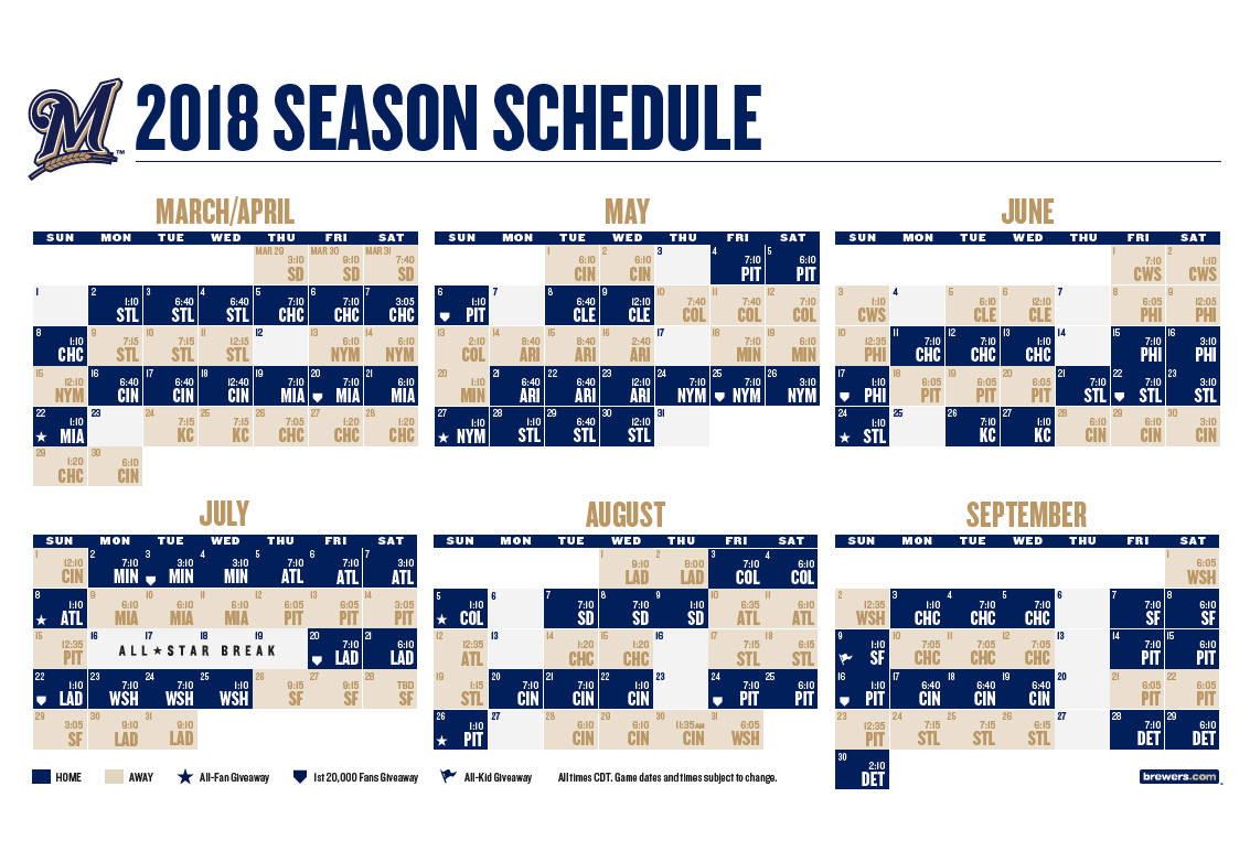 BREWERS ANNOUNCE 2018 SCHEDULE WITH HOME AND ROAD TIMES | by Caitlin Moyer | Cait Covers the Bases