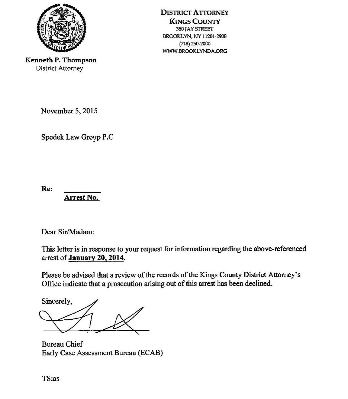 Decline to Prosecute Letter from the District Attorney’s Office