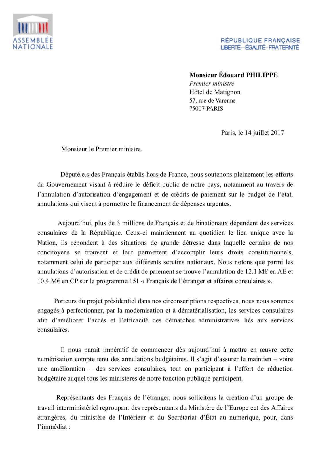 Lettre adressée au premier ministre concernant la situation des