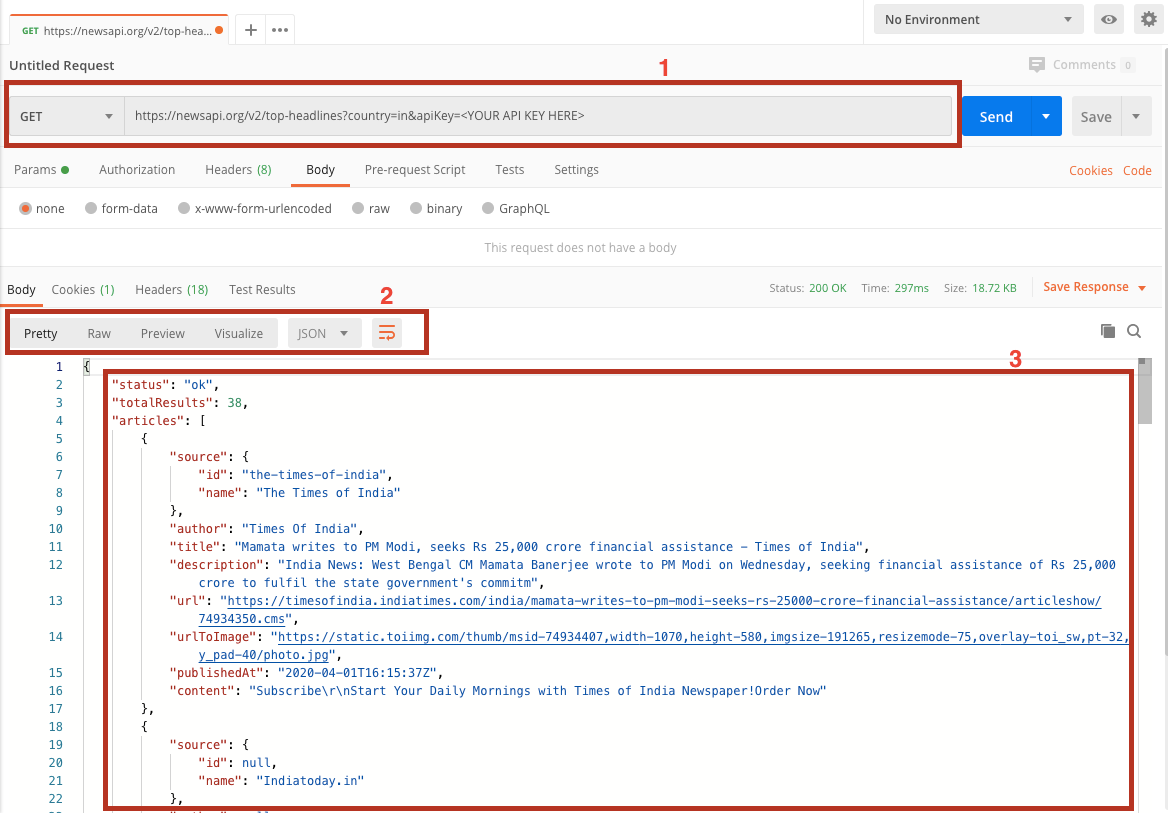 Screenshot of an simple API request with output using Postman