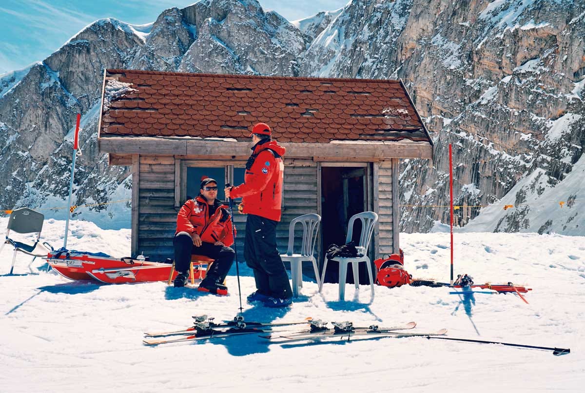 Skiers outside a small hut on Mount Parnassos