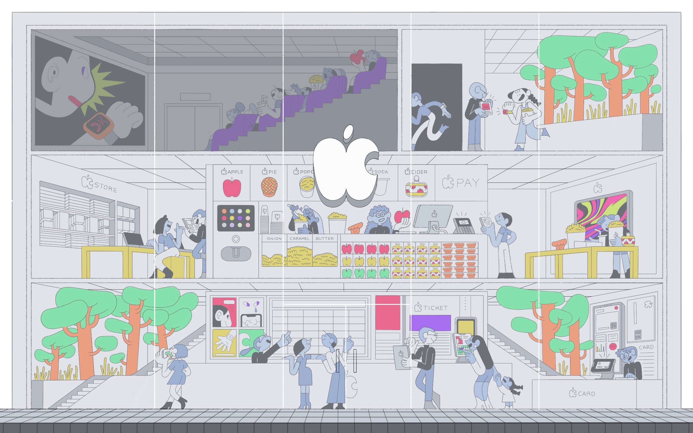 An illustration of an Apple Store with different screening rooms portraying a new movie watching experience.