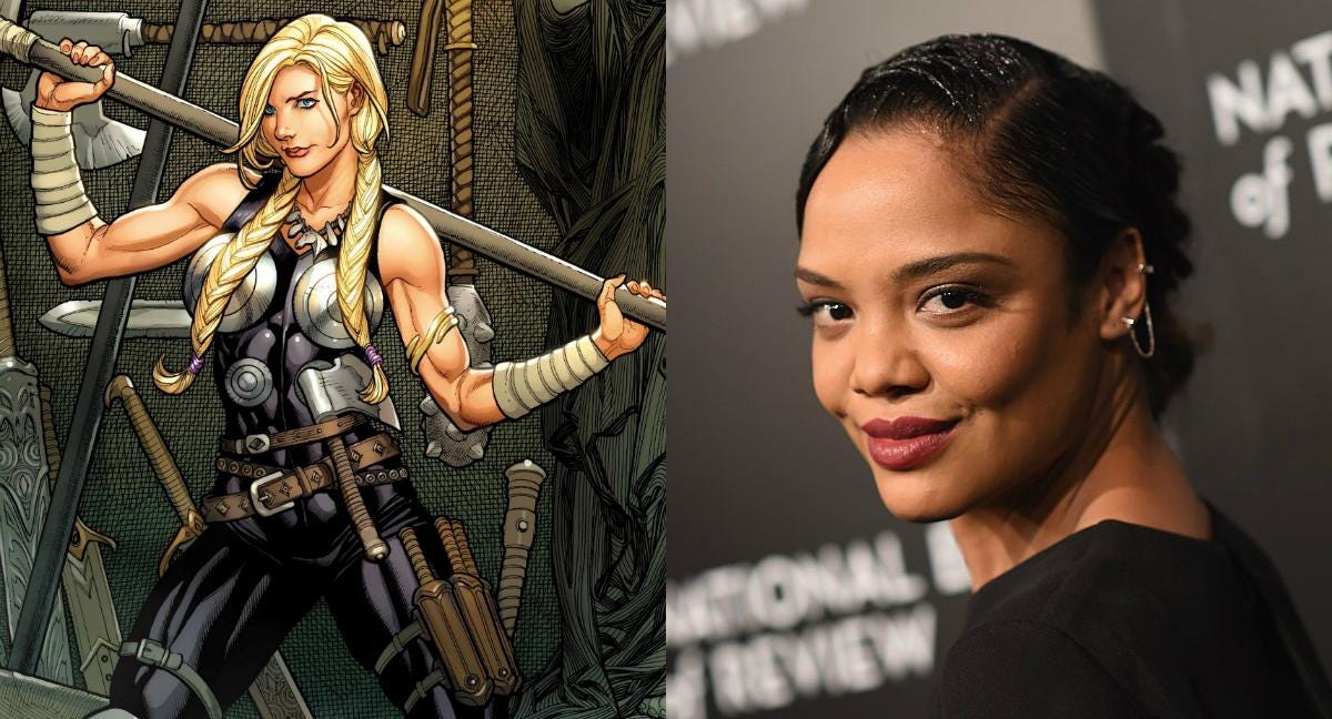 ...Right: Tessa Thompson as the Norse Valkyrie in 2017’s "Thor: Ragnar...