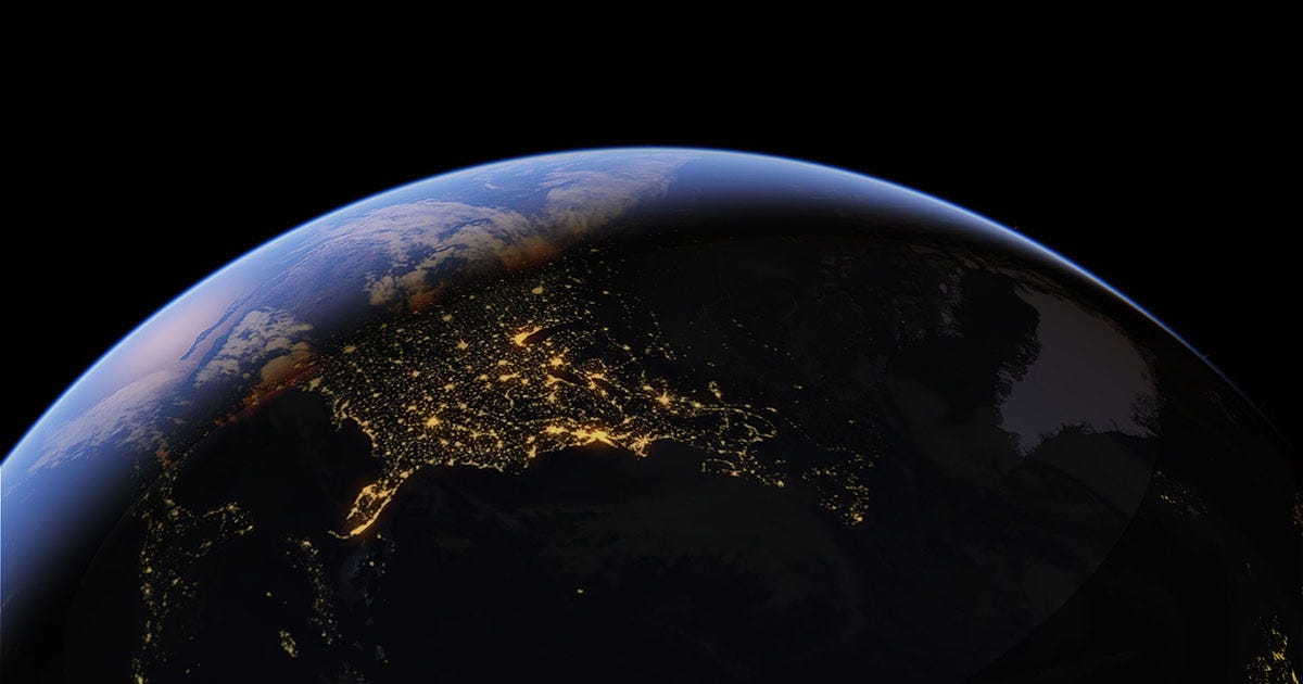 This is a photo of the Earth from space, showing the thin blue line of our atmousphere.