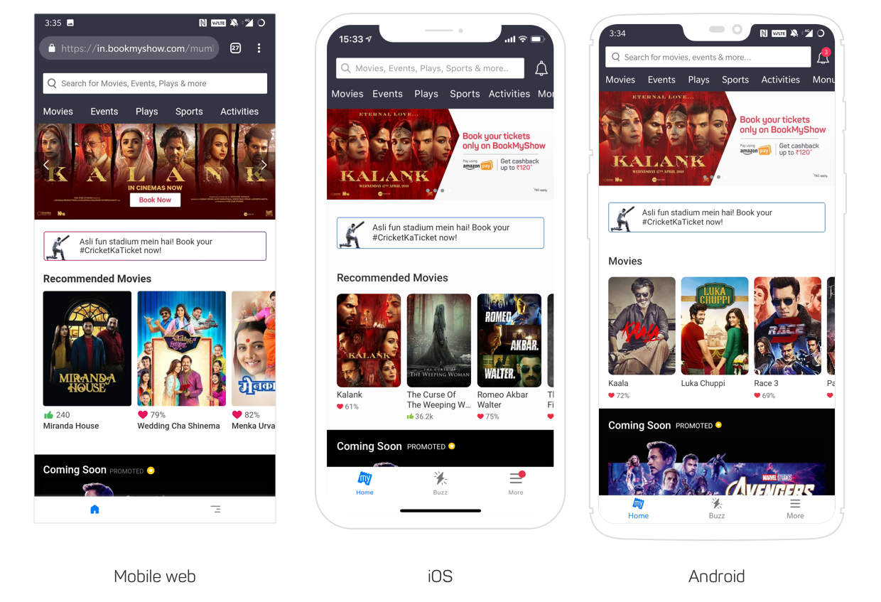 Design nuances of BookMyshow homepage and listing pages
