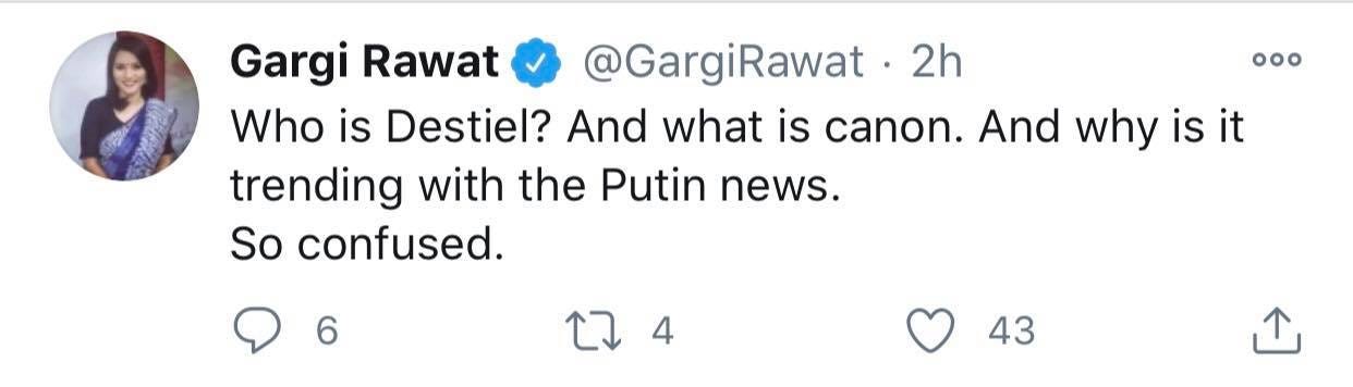Tweet by Gargi Rawat: “Whois Destiel? And what is canon. And why is it trending with the Putin news. So confused.”