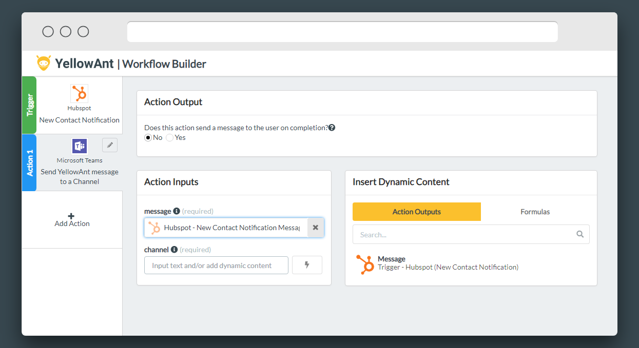 HubSpot notifications, actions, commands and workflows on Microsoft