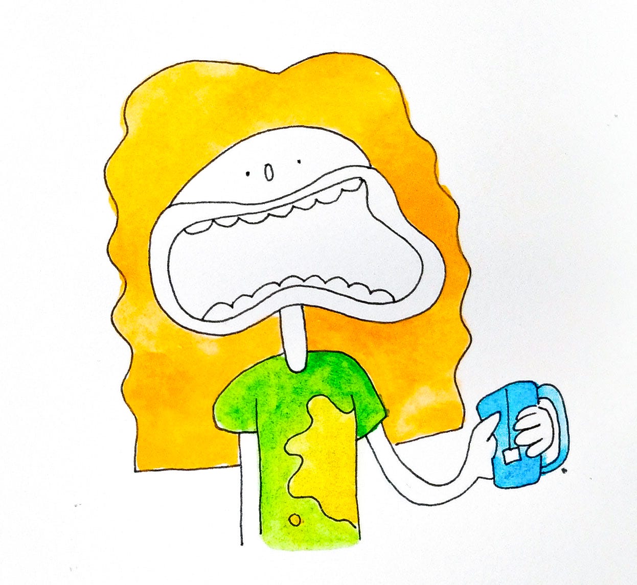 A person looking distressed holding a mug.