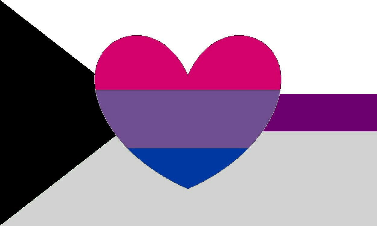 Image: The demisexual pride flag — a horizontal white band over a grey band with a purple stripe running through the middle a