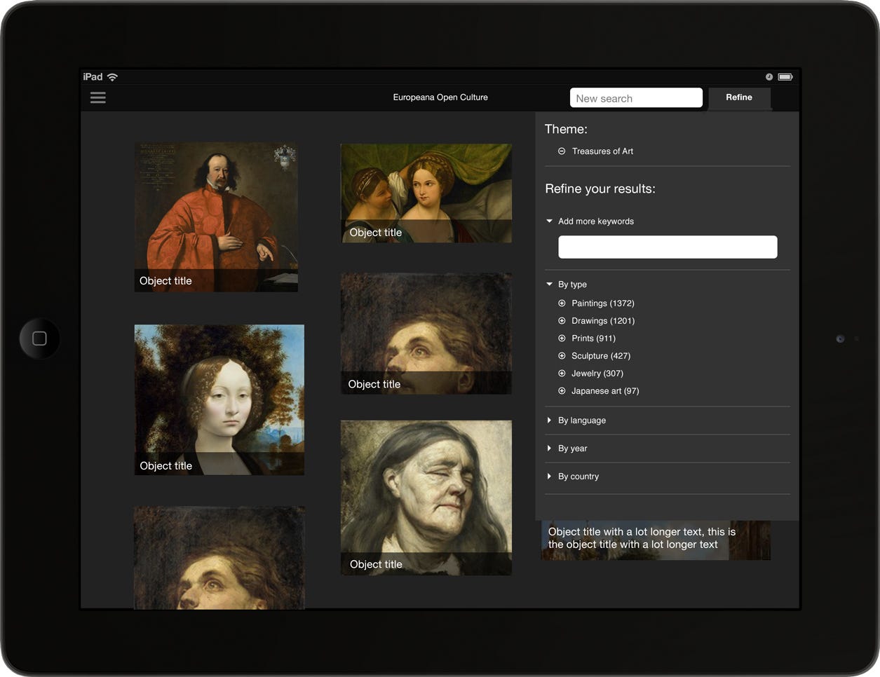 A high fidelity mockup of the search results page, with the refine menu open, offering other ways to filter the content.