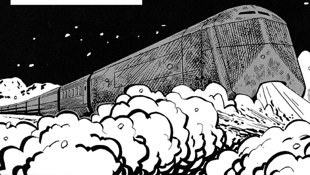 The snowpiercer is rolling to the ride, engulfed in smoke, surrounded by the night.