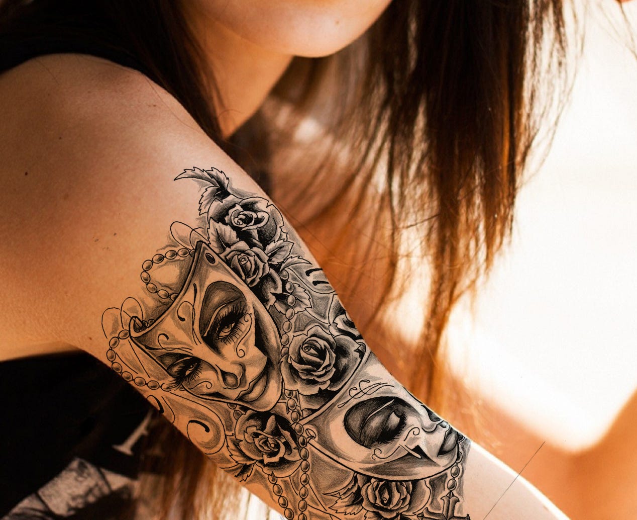MASK WITH ROSES TATTOO  FOR GIRL  ON RIGHT SHOULDER  TATTOO  