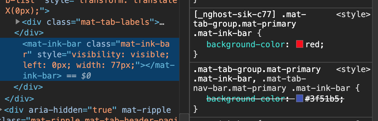 Tab indicator background color — inspect mode