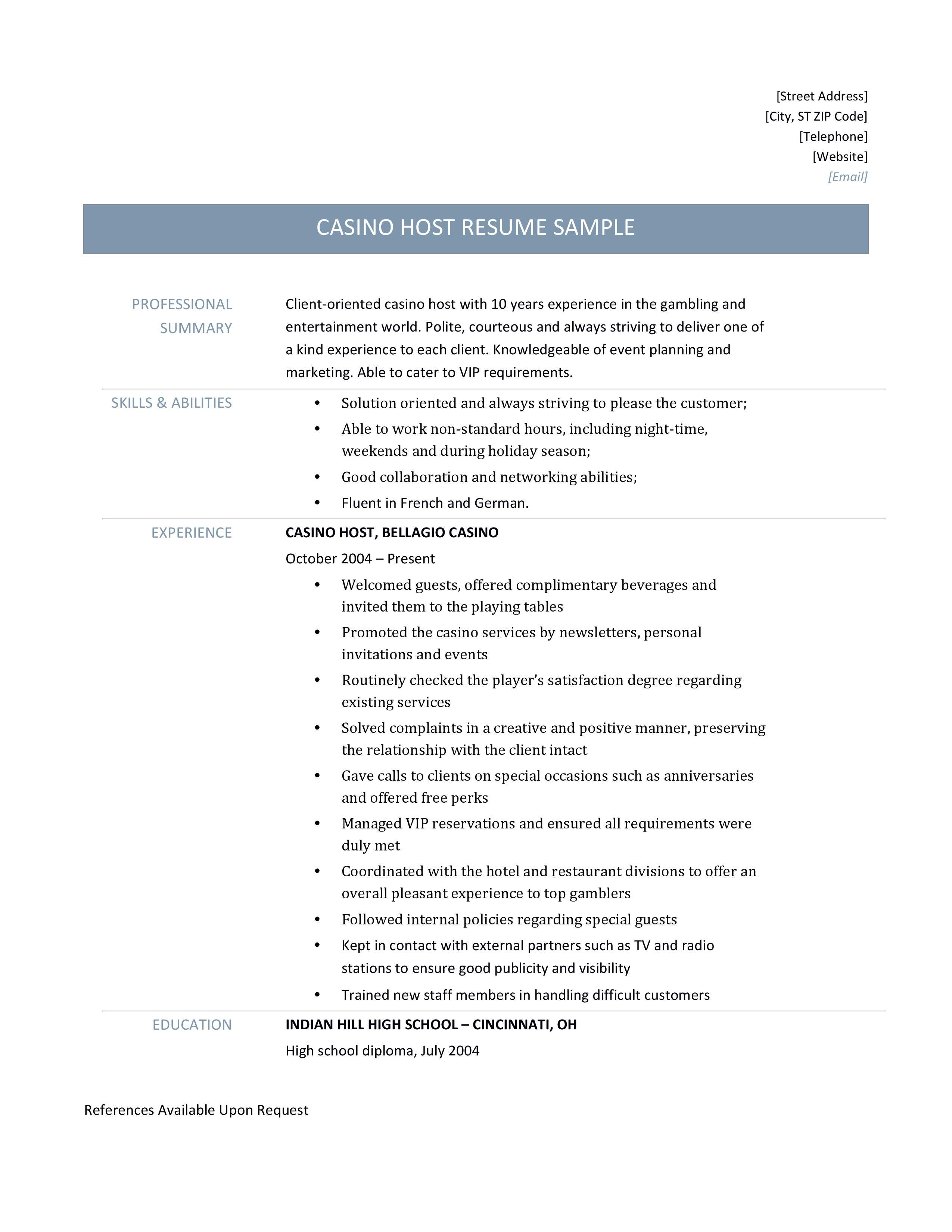 Casino Host Resume Casino Host Resume
