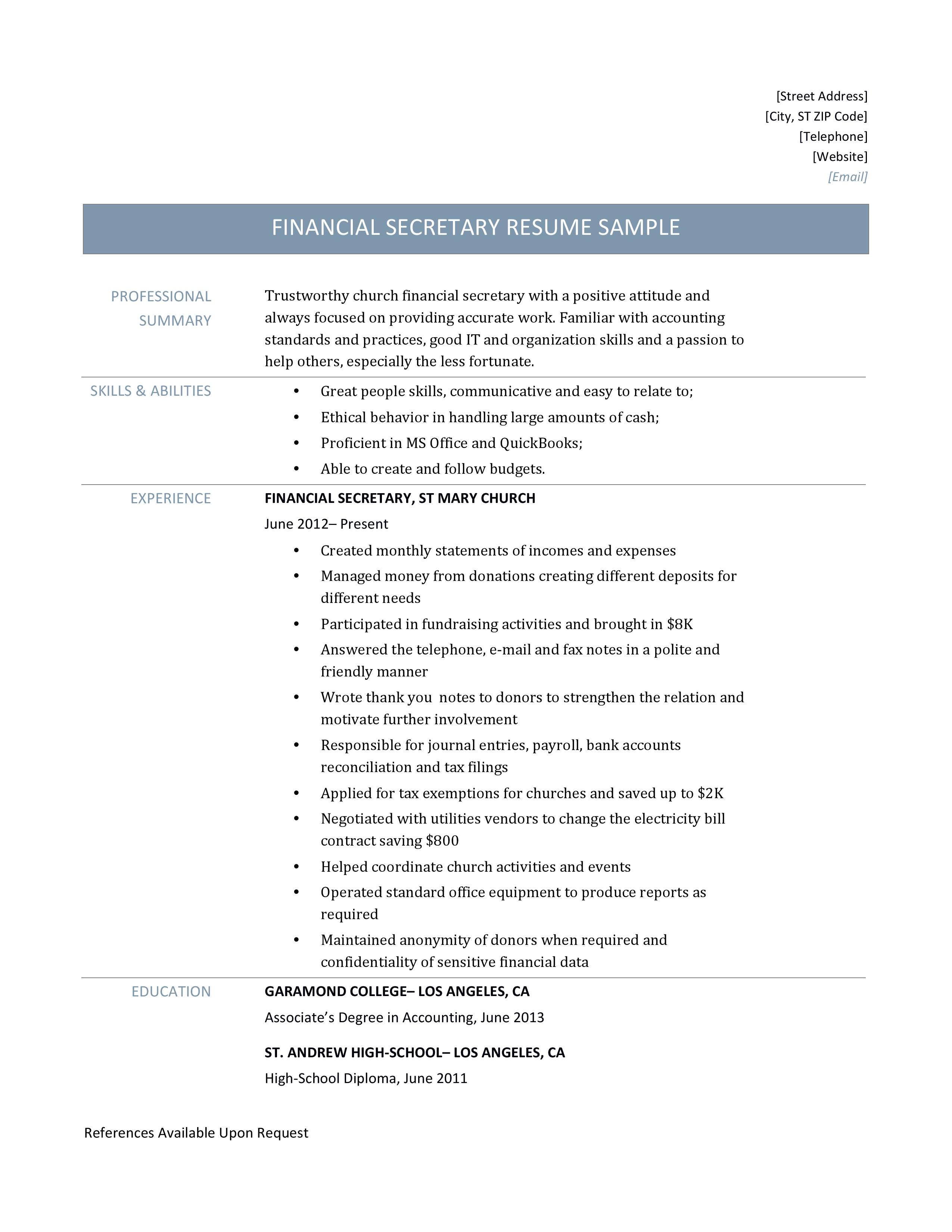 Financial Secretary Resume Sample By Online Resume Builders Medium