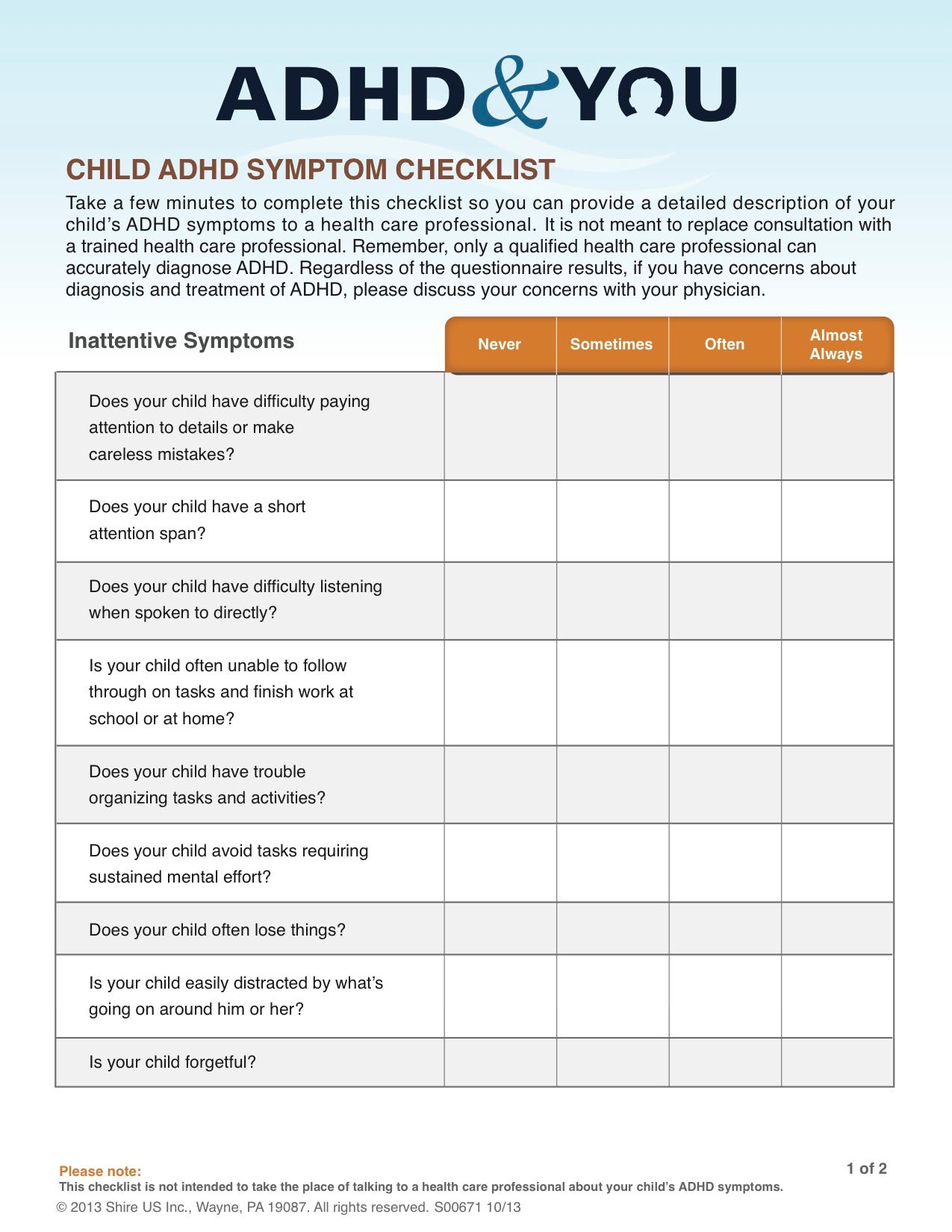 Adhd Symptoms Chart