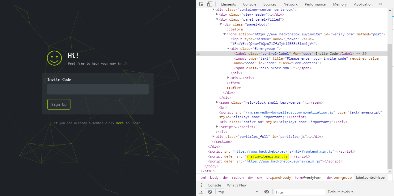 hack code invite join hackthebox script js min tab elements eventually through source