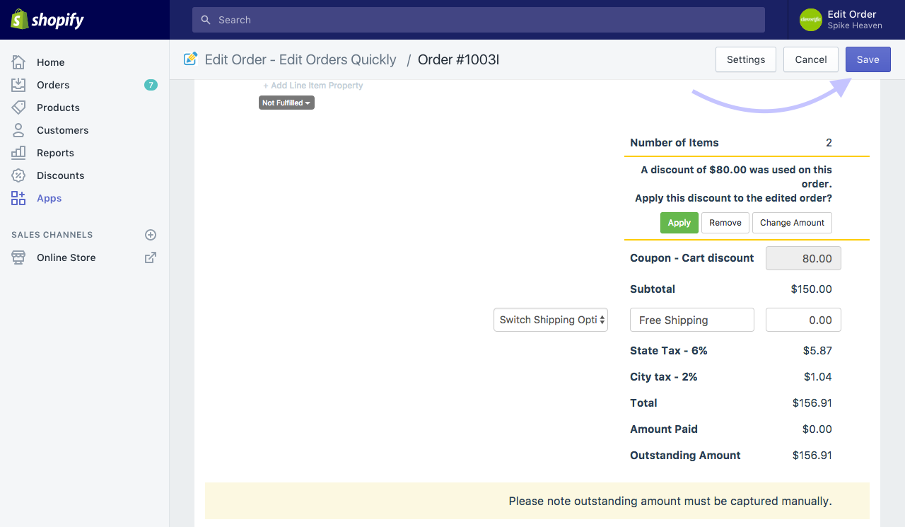 Remove or edit tax amount using Edit Order for Shopify