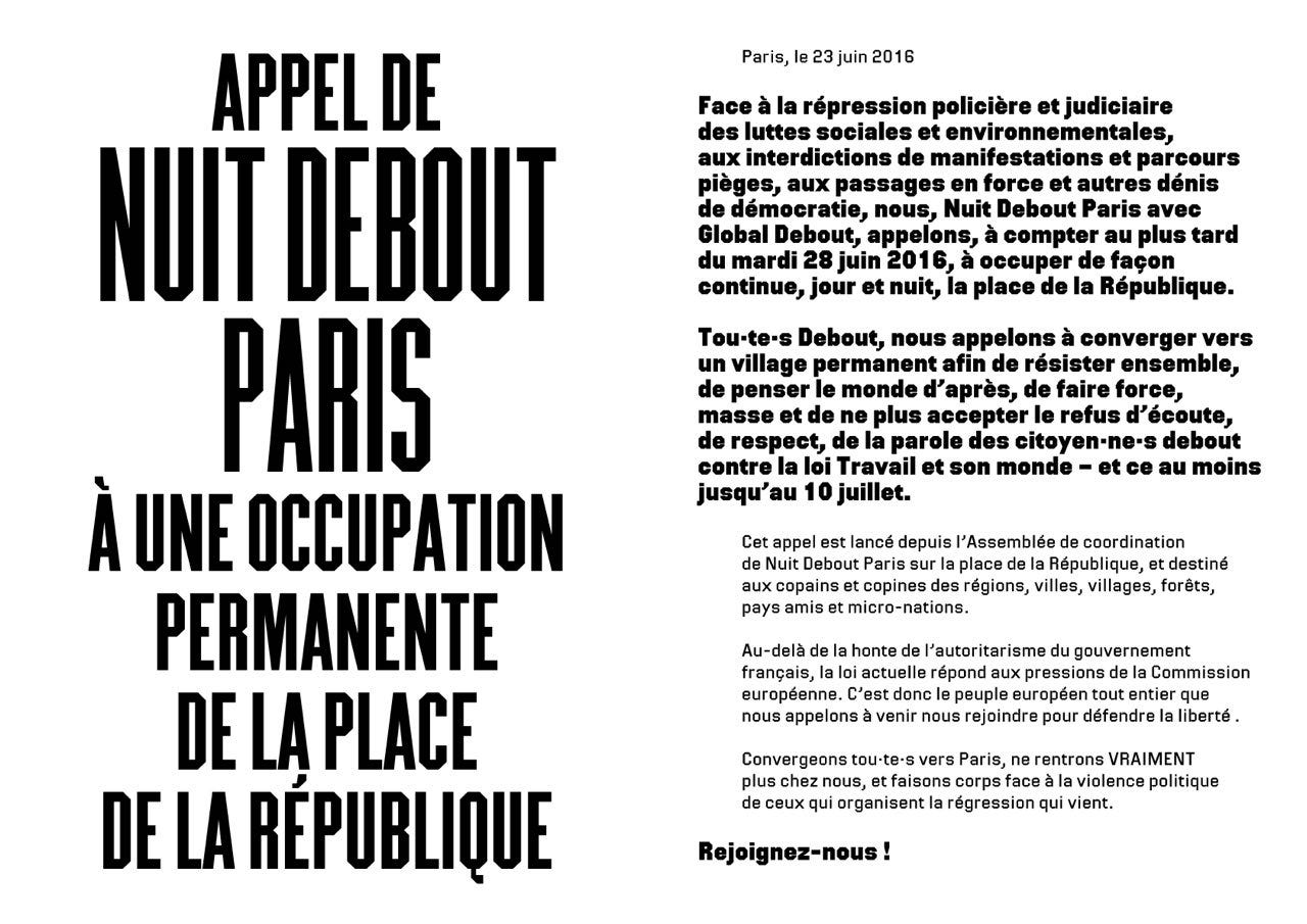 Appel De Nuit Debout Paris A Une Occupation Permanente De La Place De La Republique