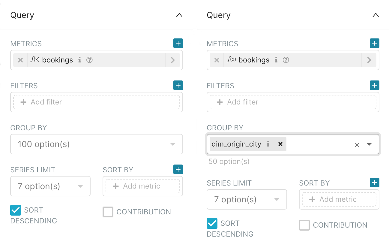 After selecting a metric, only 100 dimensions are available for grouping by, followed by only 50 after selecting another dim.