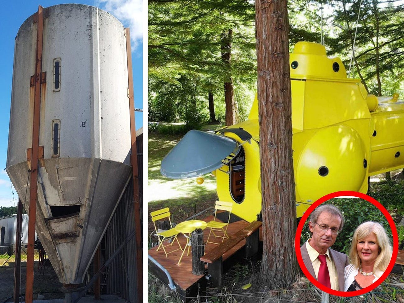 The previous silo (left), the finished tiny home (right), and the couple in the bottom right corner.