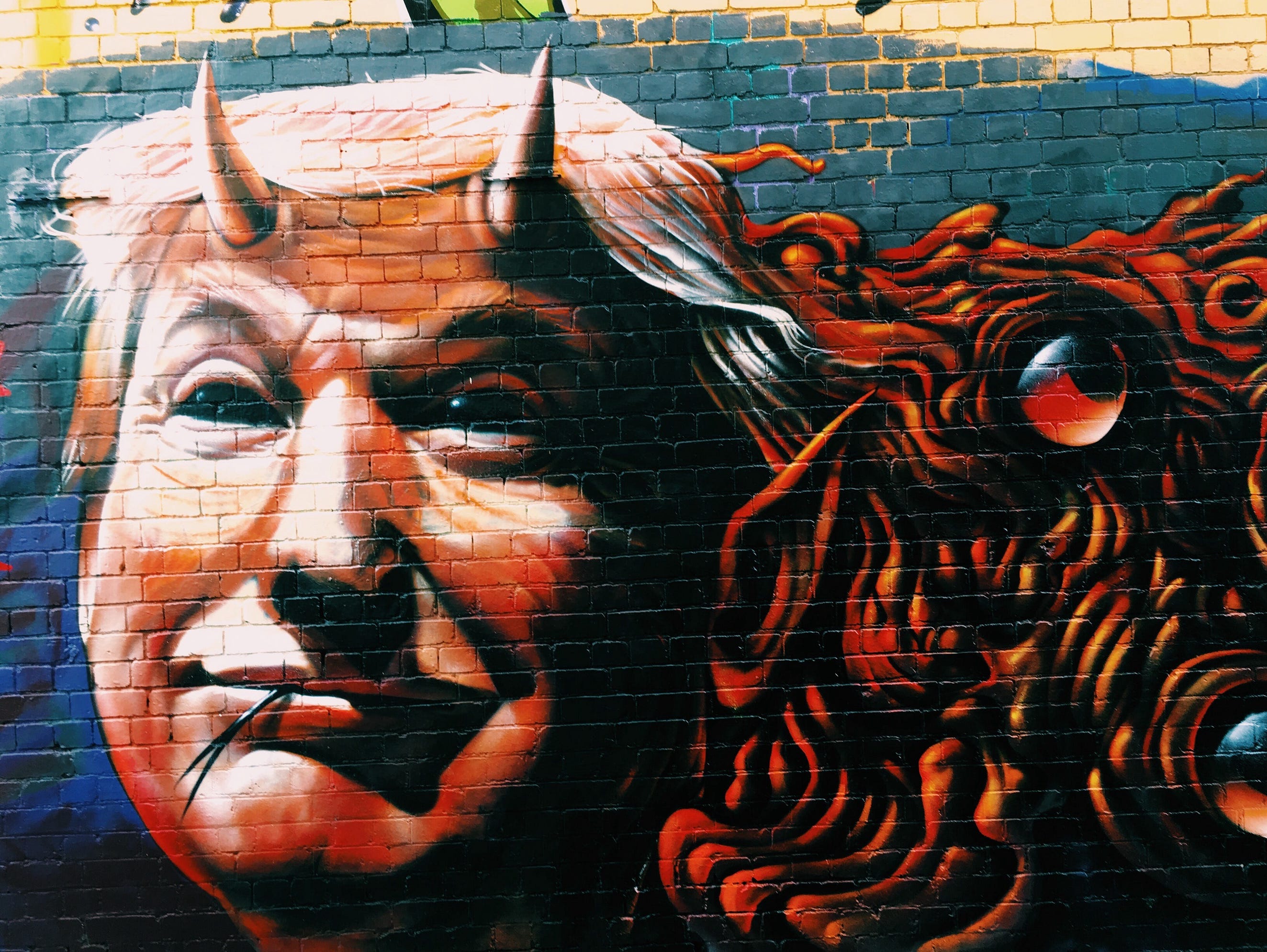 trump, with horns with his weird grin