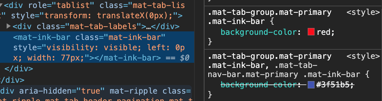 Tab indicator background colour — inspect mode