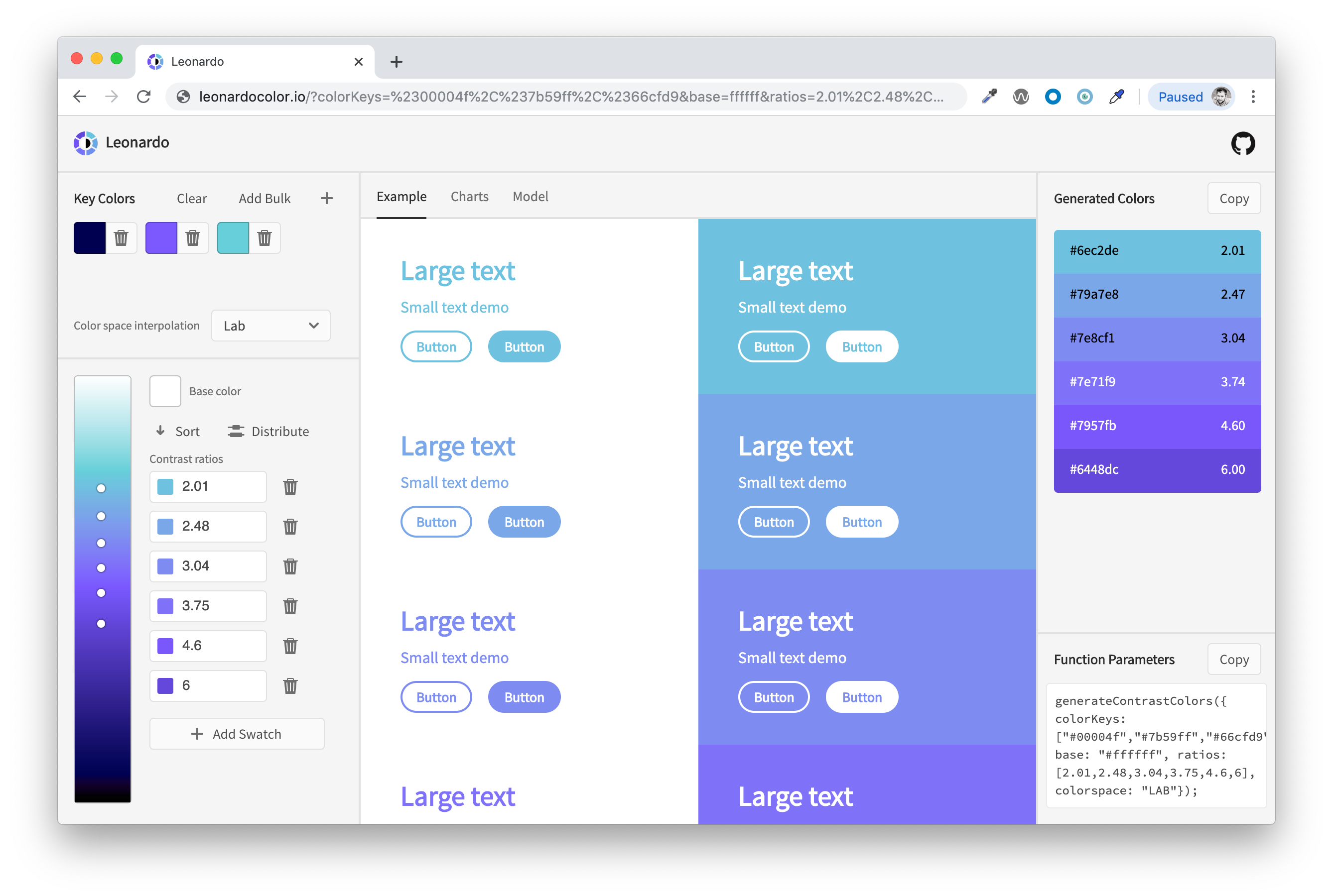 Browser window showing Leonardo web app. Color and target contrast ratio inputs showing a generated color scale