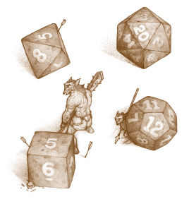 Illustration of goblins and an orc hiding behind game dice