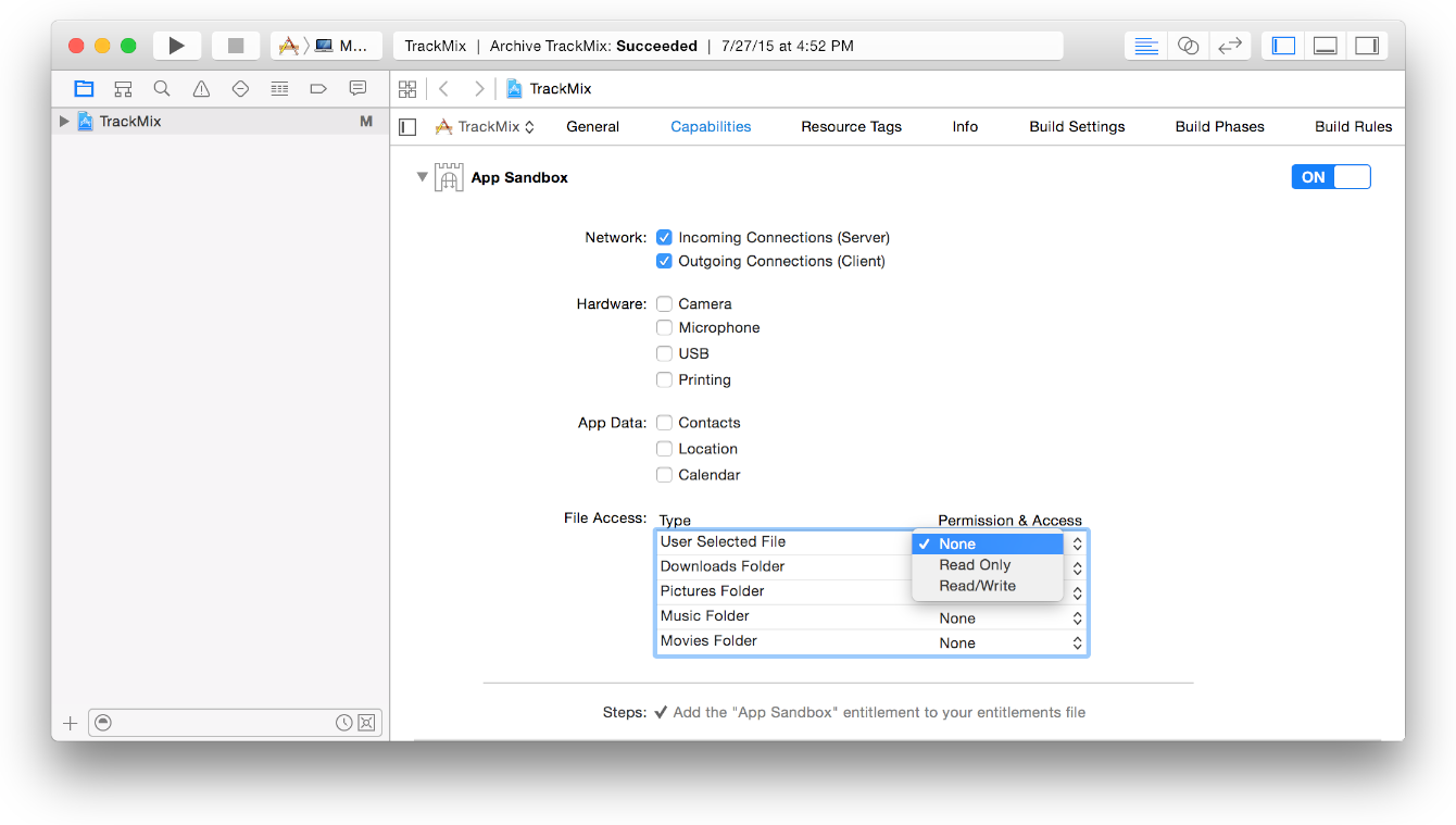 Using App Sandbox for macOS App. Sandboxing is the idea to keep data
