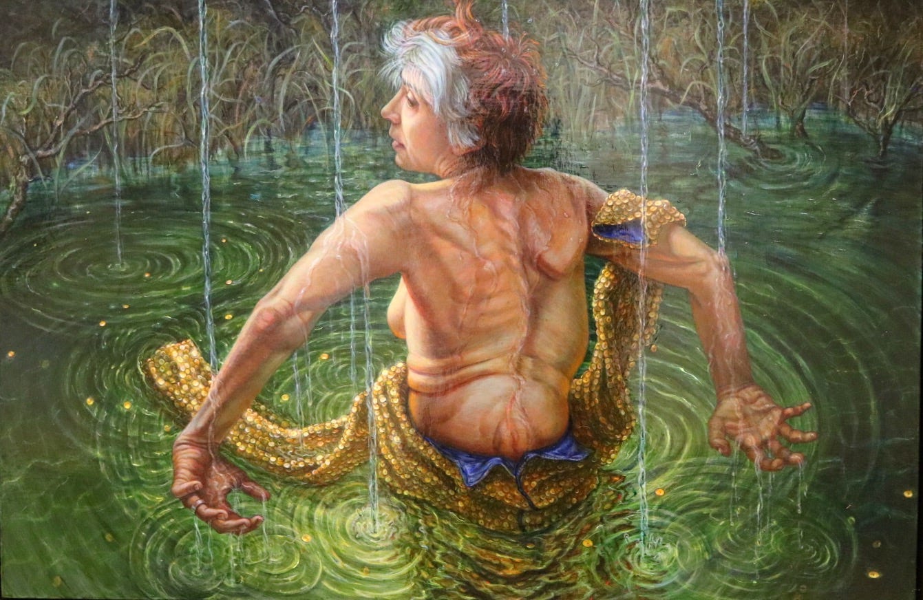 A self-portrait by Riva Lehrer. It highlights Lehrer's spinal disability. She is facing away from the viewer with her back exposed. She sits in a pond with greenery, rain, and gold lights all around her. 