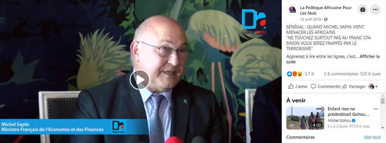 Faux L Ancien Ministre Francais Michel Sapin N A Jamais Menace L Afrique De Terrorisme Si Elle Renoncait Au Franc Cfa By Pesacheck Pesacheck