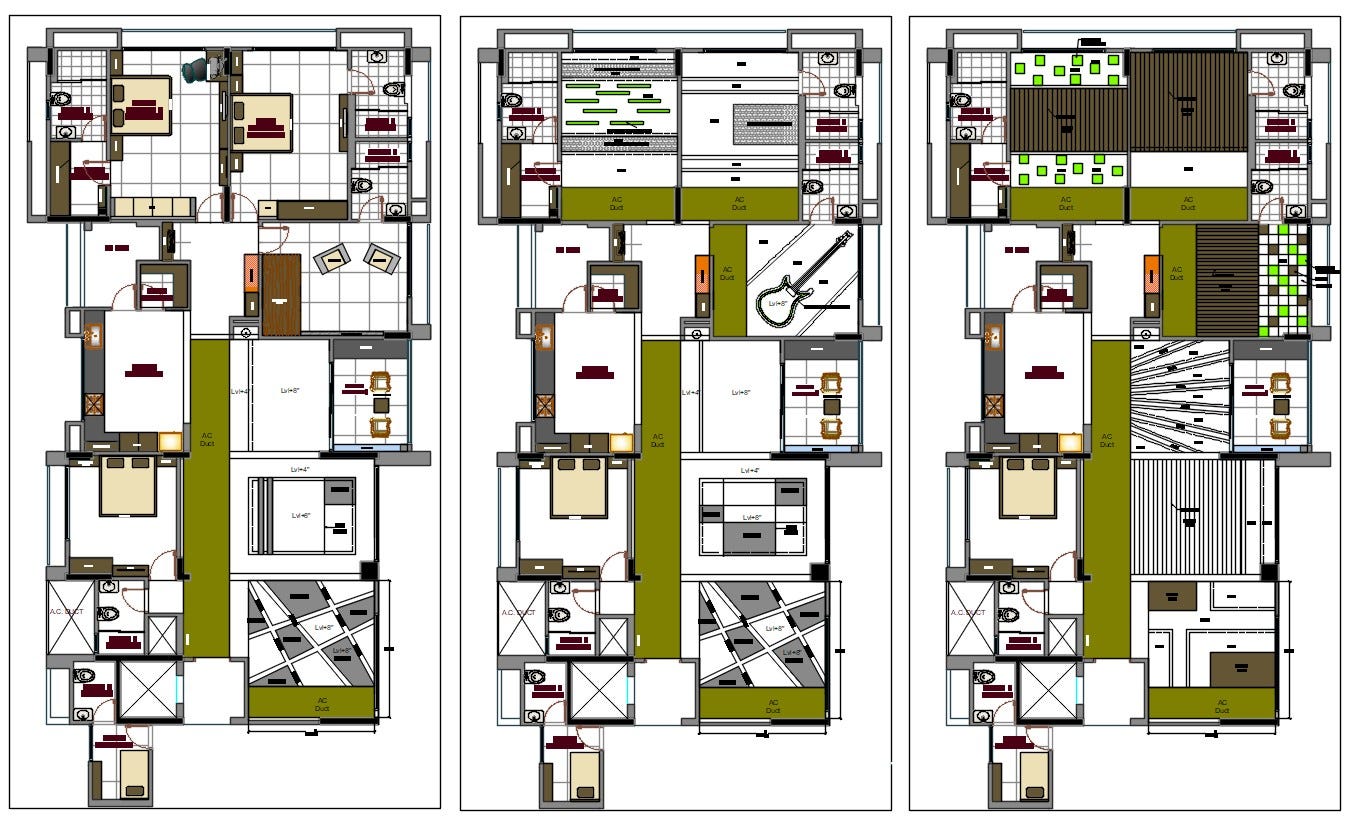 3 Bhk House Furniture Layout With Ceiling Design Autocad File
