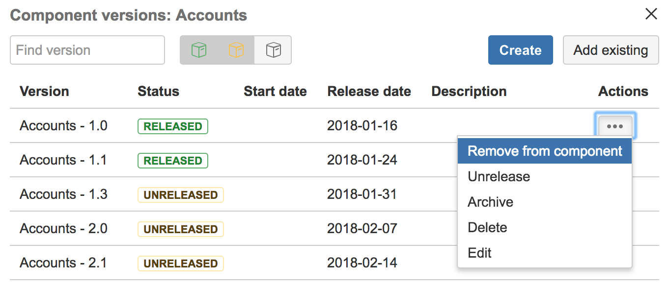 component versions jira