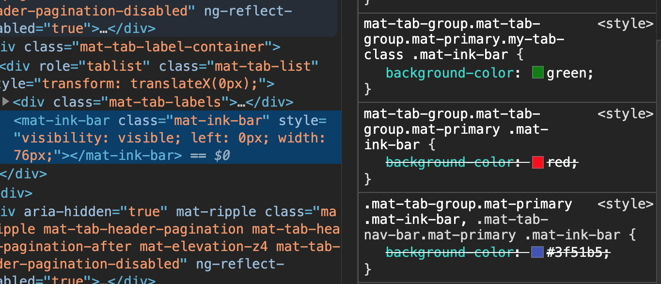 Tab indicator background color — inspect mode