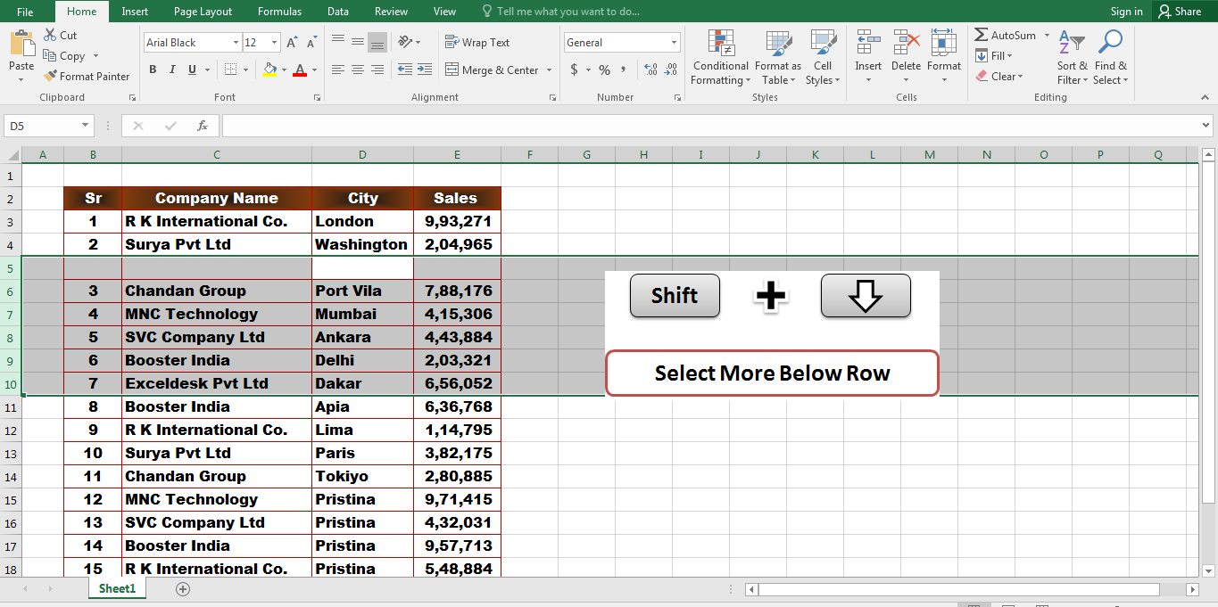 excel shortcut for highlighting row