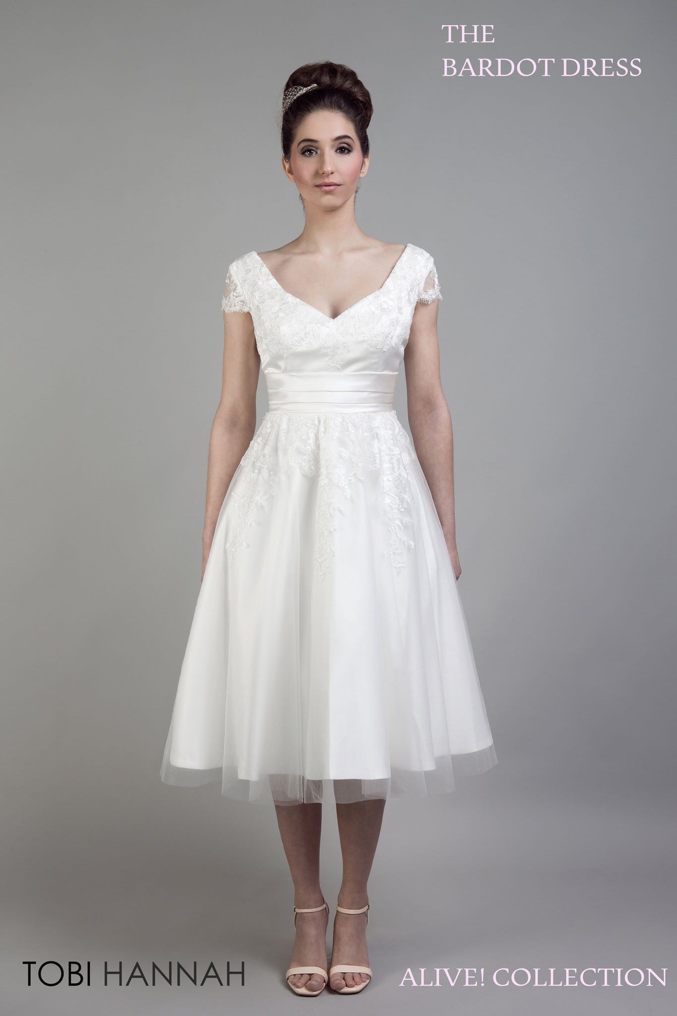 bardot tea length wedding dress