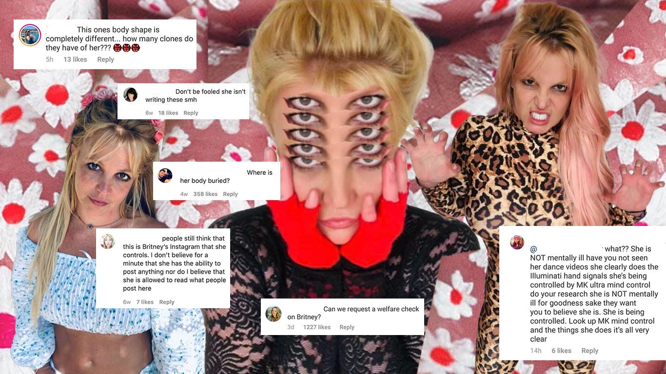 Digital collage of Britney’s selfies, with comments superimposed that speculate she is a clone, or being mind-controlled by MK ULTRA.