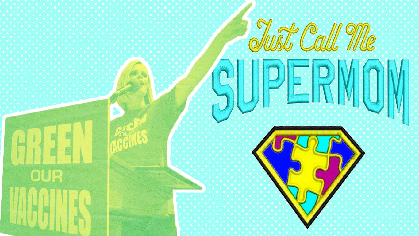 An image of Jenny McCarthy speaking at an anti-vaccine rally, with the words “Just Call Me Supermom” next to her, and a superman logo made of puzzle pieces.