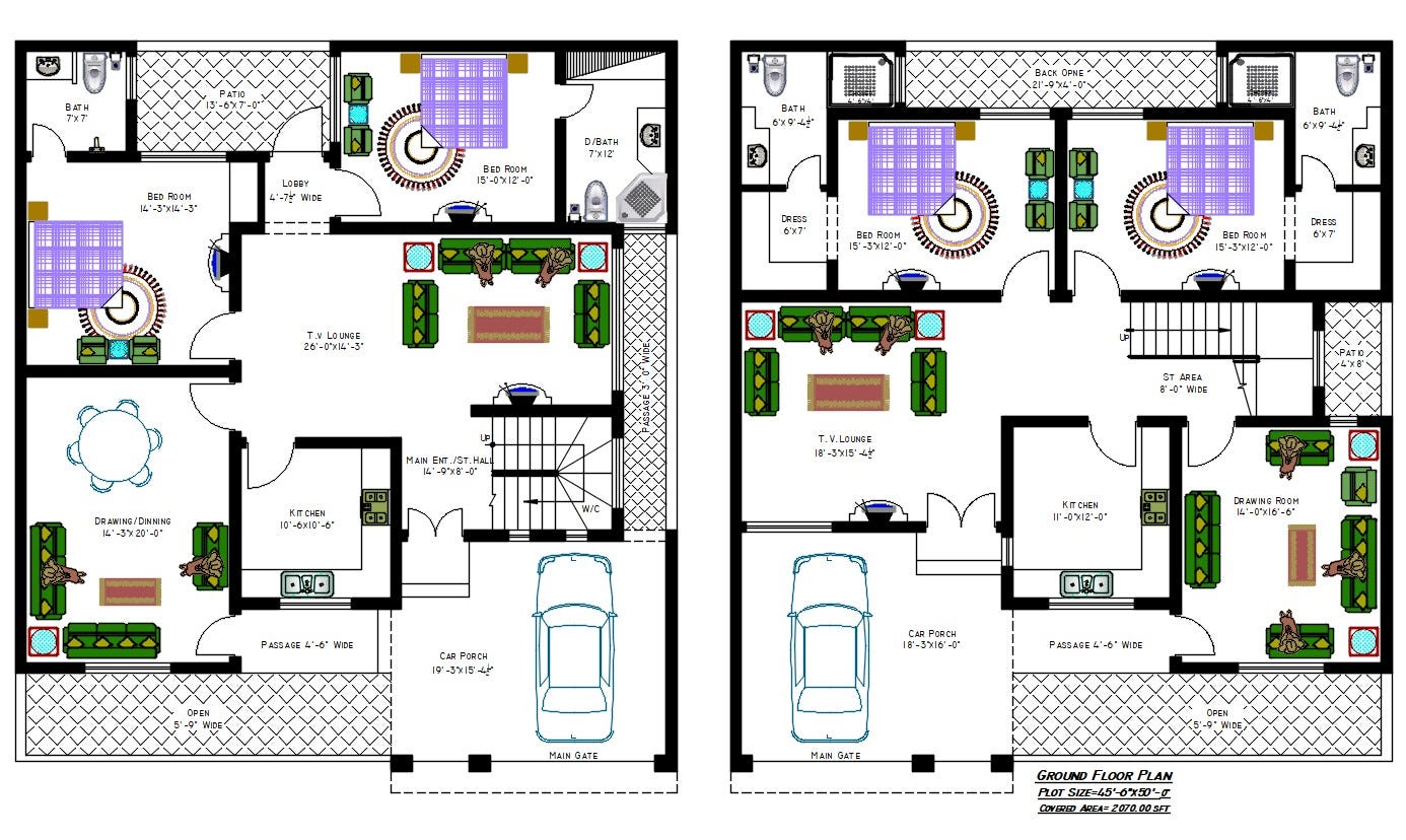 2000 Sq Ft House Plans With 2 Different Option In Autocad Drawing