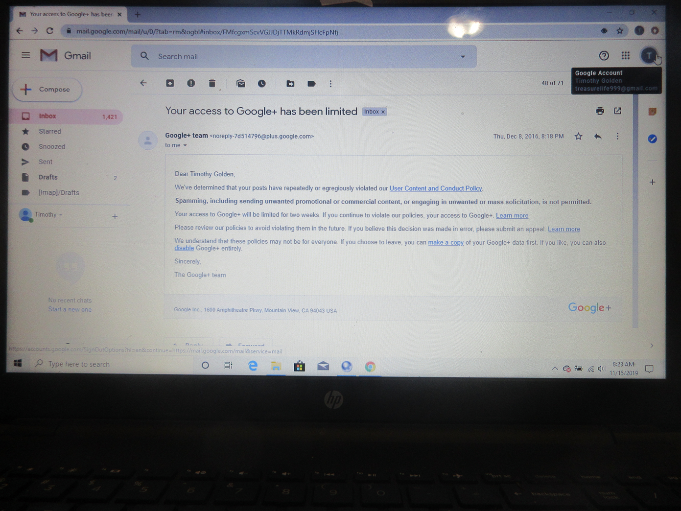 Google Blocked Me Timothy Golden On December 8 2016 From